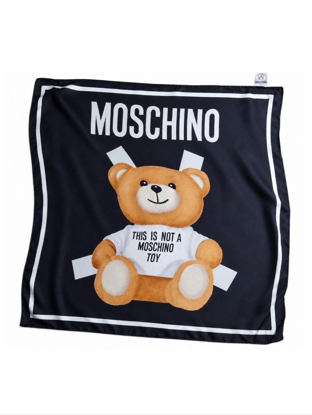 MOSCHINO | 100% Silk "This Is Not a Moschino Toy" Teddy Bear Scarf 34"x34"